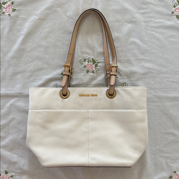Michael Kors Tan and White Tote Bag with Tan Leather Handles and Gold Accents - Picture 1 of 7